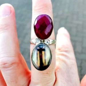 New Unique Fancy Glass Protection Faceted Cherry Ruby 925 Silver Magic Ring.